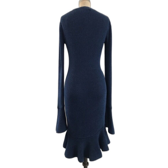 Intermix Blue Stretch Knit Long Sleeve High Neck Ruffle Midi Sweater Dress - S - Picture 5 of 9